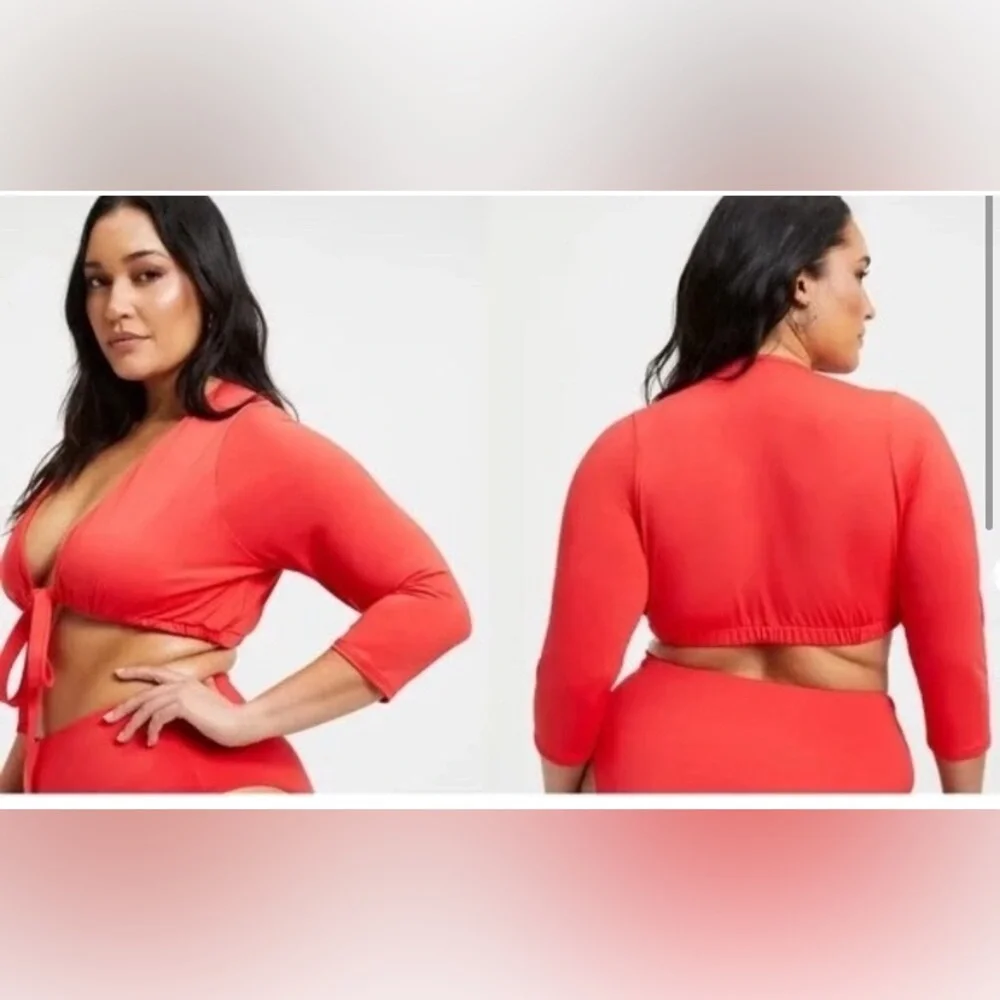 Good American Sexy Boost Swim Top 3/4 Sleeve Tie Front Bright Poppy Red 2 US M - Picture 2 of 6